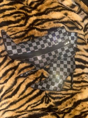 Black & Silver Checkered Stiletto Ankle Boots with Side Zip